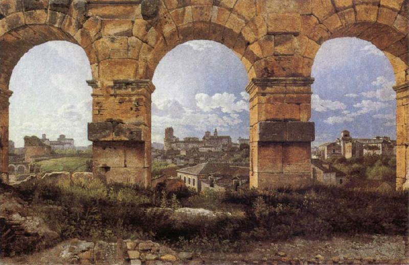 Christoffer Wilhelm Eckersberg View through three northwest arches of the Colossum in Rome,Storm gathering over the city France oil painting art